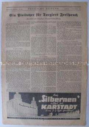 Blatt der Tageszeitung "Vossische Zeitung" zum Abschluss des Reichstagsbrandprozesses