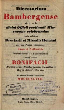 Directorium Bambergense sive ordo divini officii recitandi missaeque celebrandae : juxta rubricas breviarii et missalis Romani .., 1848