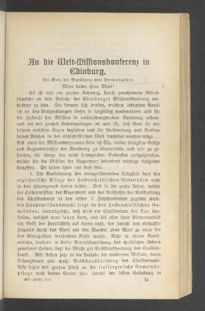 An die Welt-Missionskonferenz in Edinburg