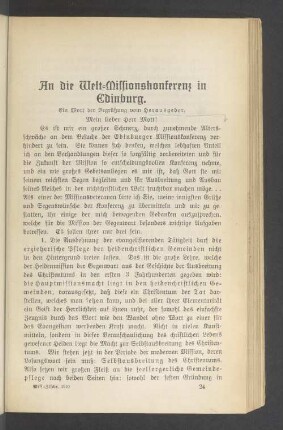 An die Welt-Missionskonferenz in Edinburg