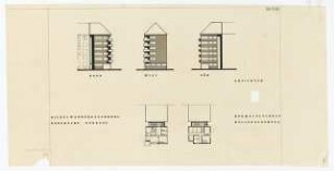 Sparkasse der Stadt Berlin West, Wettbebwerb, Badensche Straße, Berlin-Wilmersdorf Dienstwohnungsgebäude: Kellergrundriss, Normalgeschoss, Ansichten 1:200