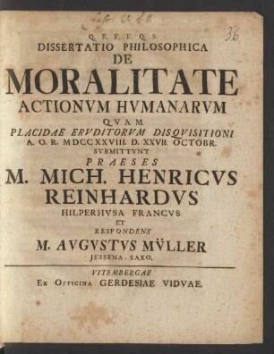 Dissertatio Philosophica De Moralitate Actionvm Hvmanarvm