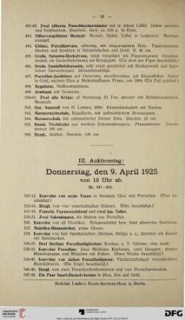 III. Auktionstag: Donnerstag, den 9. April 1925 von 10 Uhr ab (Nr. 507-831)