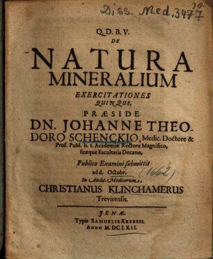 De Natura Mineralium Exercitationes Quinque
