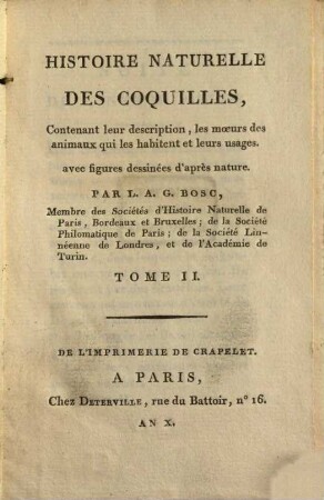 Histoire naturelle des coquilles : contenant leur description, les moeurs des animaux qui les habitent et leurs usages ; avec figures dessinées d'après nature, 2