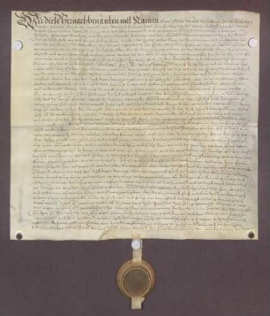 Hans Göller, Schultheiß, und genannte Mitglieder des Gerichts zu Östringen beurkunden eine Gültverschreibung des Peter Kenz und seiner Ehefrau Katharina über 15 Gulden gegenüber Wilhelm Rehm, Generalkollektor des Bistums Speyer.