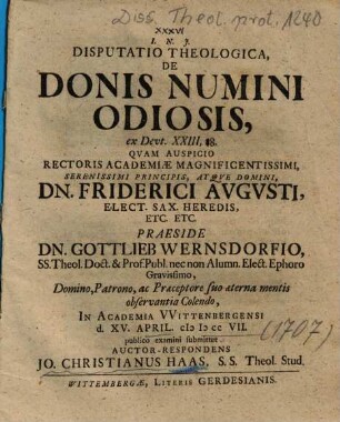 Disputatio Theologica, De Donis Numini Odiosis, ex Deut. XXIII, 28.