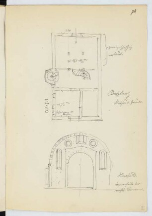 Rathaus, Butzbach / Stiftsruine, Bad Hersfeld: Grundriss Butzbach, Ansicht Portal Hersfeld (aus: Skizzen- und Fotoalbum 23)