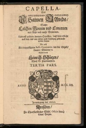Psalmen Davids Sampt Etlichen Moteten und Concerten ... Capella Tertia Pars