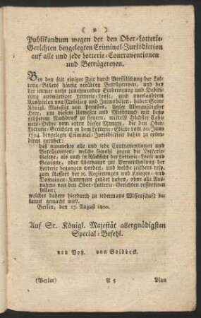 Publikandum wegen der den Ober-Lotterie-Gerichten beygelegten Criminal-Jurisdiction auf alle und jede Lotterie-Contraventionen und Betrügereyen