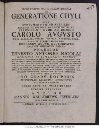 Dissertatio Inavgvralis Medica De Generatione Chyli