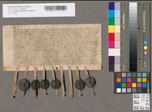 Colyn Beyssel, Richter, Gerhard Beyssel sen., Lambert Buck, Gottschalk von Hokirchen, Gerhard Beyssel jun., Fetschin Colyn, Statz von Segrade, Johann Beulard und Johann Hartmann, Schöffen in Aachen, bekunden, dass Peter Aldehonck 3 Morgen Land und 4 Morgen Land, deren Lage genauer bestimmt wird, an Cornelius von Elmpt, unter Beisein des früheren Besitzers Claus Vais, der noch ein Kapital darauf stehen hat, übertragen hat.