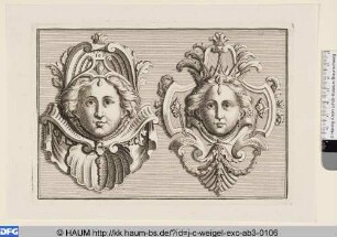 Zwei weibliche Masken mit Muschelwerk