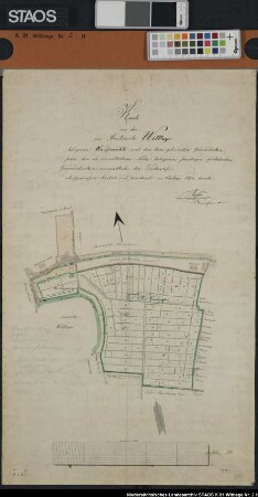 "Karte von der im Amtsorte Wittlage belegenen Wassermühle und den dazu gehörenden Grundstücken; sowie den in unmittelbarer Nähe belegenen sonstigen Grundstücken, namentlich der Teichwiese" Ausf.-Art: Farbige Zeichnung Herst.: Bosse Format: 67 x 41 cm Maßstab: 1 : 2000