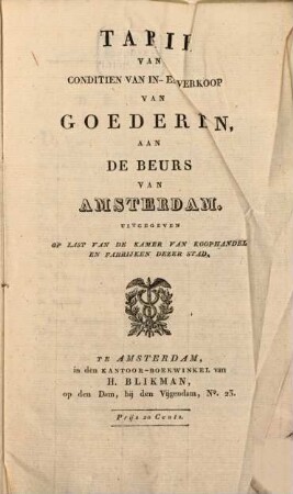 Tarif van conditien van in- en verkoop van goederen aan de beurs van Amsterdam