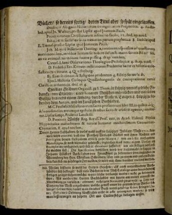 Bücher/ so bereits fertig/ deren Titul aber so spät eingelauffen.