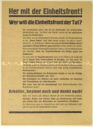Flugblatt der SPD gegen die KPD und Aufruf zum Kampf gegen den Faschismus