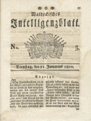 No. 3, Dienstag, den 21. Januarius 1800
