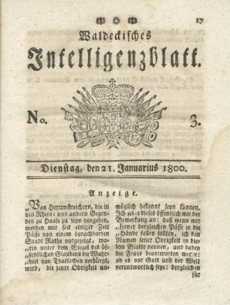 No. 3, Dienstag, den 21. Januarius 1800