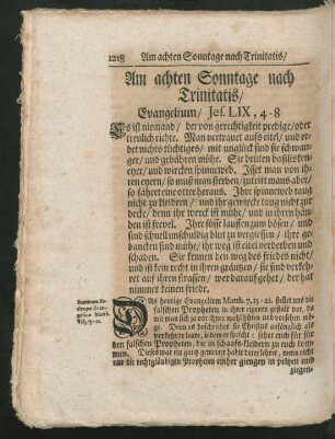 Am achten Sonntage nach Trinitatis / Evangelium / Jes. LIX, 4 - 8