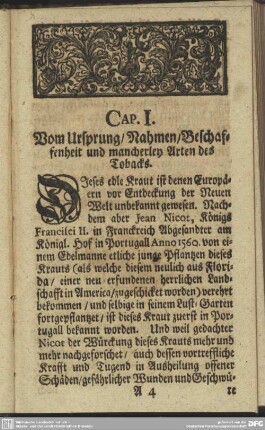Cap. I. Vom Ursprung, Nahmen, Beschaffenheit und mancherley Arten des Tobacks