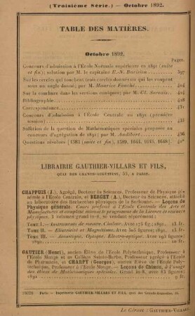 Table des matières. Octobre 1892.
