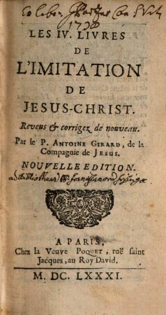 De l'imitation de Jesu Christ