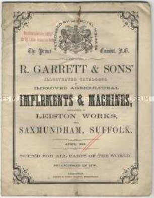 Katalog über landwirtschaftliche Maschinen von der Firma R. Garrett and Sons in England