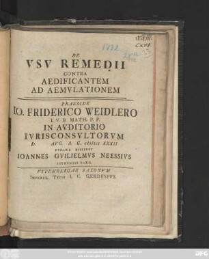 De Vsv Remedii Contra Aedificantem Ad Aemvlationem