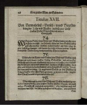 Titulus XVII. Von Verwahrlosung, Versehn- und Verpfändung der Wehr und Waffen