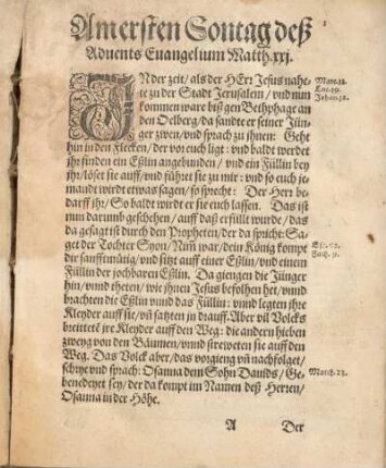 Am ersten Sontag deß Aduents Euangelium Matth. xxj. [bis Am vierten Sontag deß Aduents Euangelium Johan. j.]