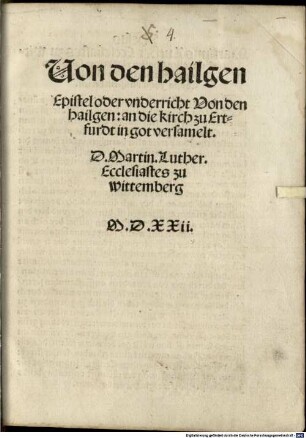 Von den hailgen : Epistel oder vnderricht Von den hailgen: an die kirch zu Ertfurdt in got versamelt