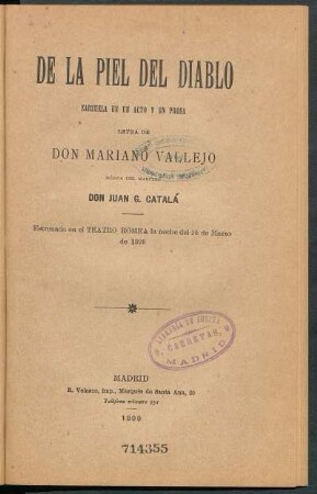 De la piel del diablo : zarzuela en un acto y en prosa