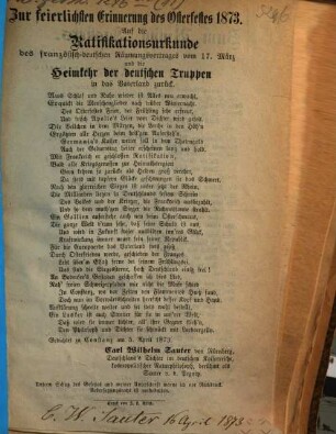 Zur feierlichen Erinnerung des Osterfestes 1873 : auf die Ratifikationsurkunde des französisch-deutschen Räumungsvertrages vom 17. März und die Heimkehr der deutschen Truppen in das Vaterland zurück
