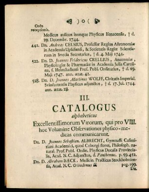 III. Catalogus alphabeticus Excellentissimorum Virorum, qui pro VIII. hoc Volumine Observationes physico-medicas communicarunt