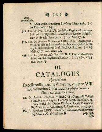III. Catalogus alphabeticus Excellentissimorum Virorum, qui pro VIII. hoc Volumine Observationes physico-medicas communicarunt