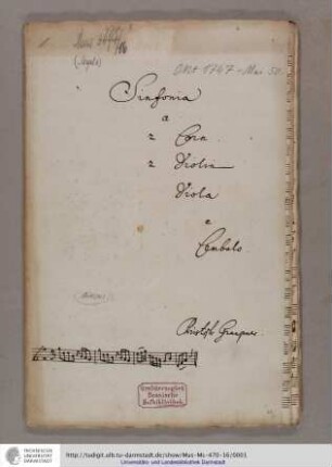 Sinfonia / a / 2 Corn. / 2 Violin / Viola / e / Cembalo. / Christoph Graupner. / [Incipit]