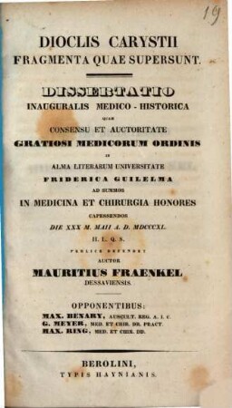 Dioclis Carystii fragmenta quae supersunt : Dissertatio inauguralis medico-historica