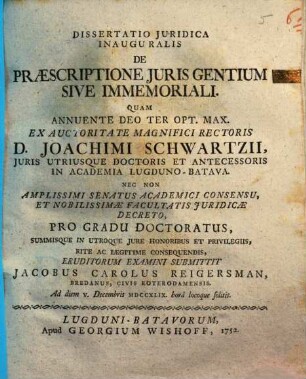 Dissertatio juridica inauguralis de praescriptione iuris gentium sive immemoriali