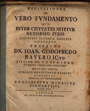 Meditationes De Vero Fvndamento, Qvo Inter Civitates Nititvr Retorsio Ivris