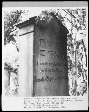 Grabstein von Amalie Herz, Ehefrau des Simon Herz (geborene Bayerthal) (gestorben 1860.06.20)