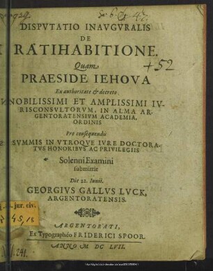 Dispvtatio Inavgvralis De Ratihabitione