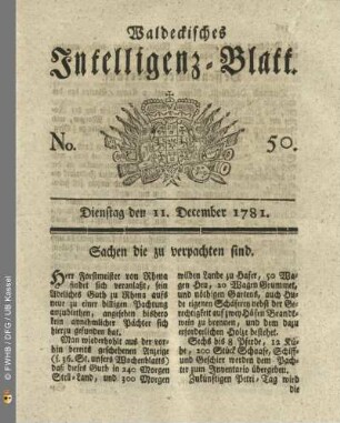 No. 50, Dienstag den 11. December 1781