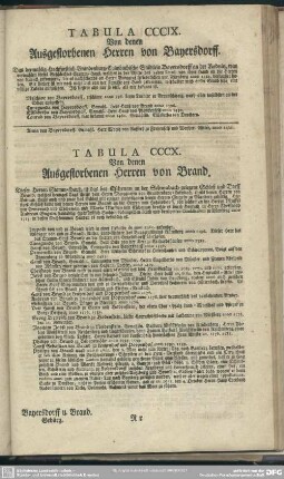 Tabula CCCIX. Von denen Ausgestorbenen Herren von Beyersdorff; Tabula CCCX. Von denen Ausgestorbenen Herren von Brand
