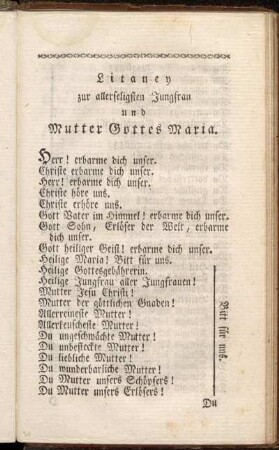 Litaney zur allerseligsten Jungfrau und Mutter Gottes Maria.
