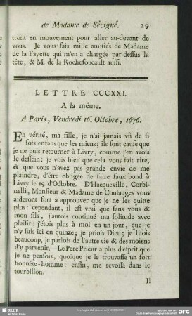 Lettre CCCXXI. A la même. A Paris, Vendredi 16. Octobre, 1676