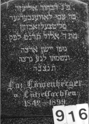 Grabstein 916 (Index: 99802571) Material: polierter Granit Zustand: sehr gut Maße HxBxT: 92x52x15 cm Beschreibung: Sockel, Stele mit Flachbogenabschluß Besonderheit: Endreim: Grabstein 916 (Detailaufnahme)