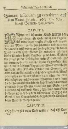 Quintam Essentiam zu extrahiren auß dem Kraut Solaria, oder Ros Solis, das ist Sonnen-thau genant. CAPUT I. bis XI.