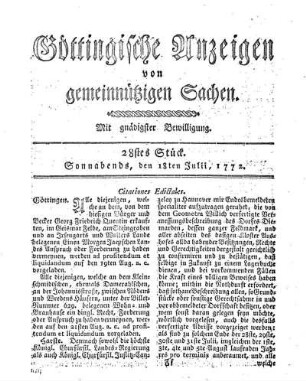 28tes Stück. Sonnabends, den 18ten Julii, 1772.