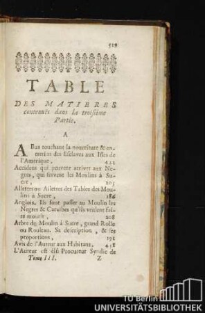 Table des matières contenuës dans la troisiéme Partie.